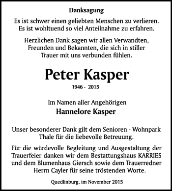 Traueranzeige von Peter Kasper von WVG - Wochenspiegel Quedlinburg