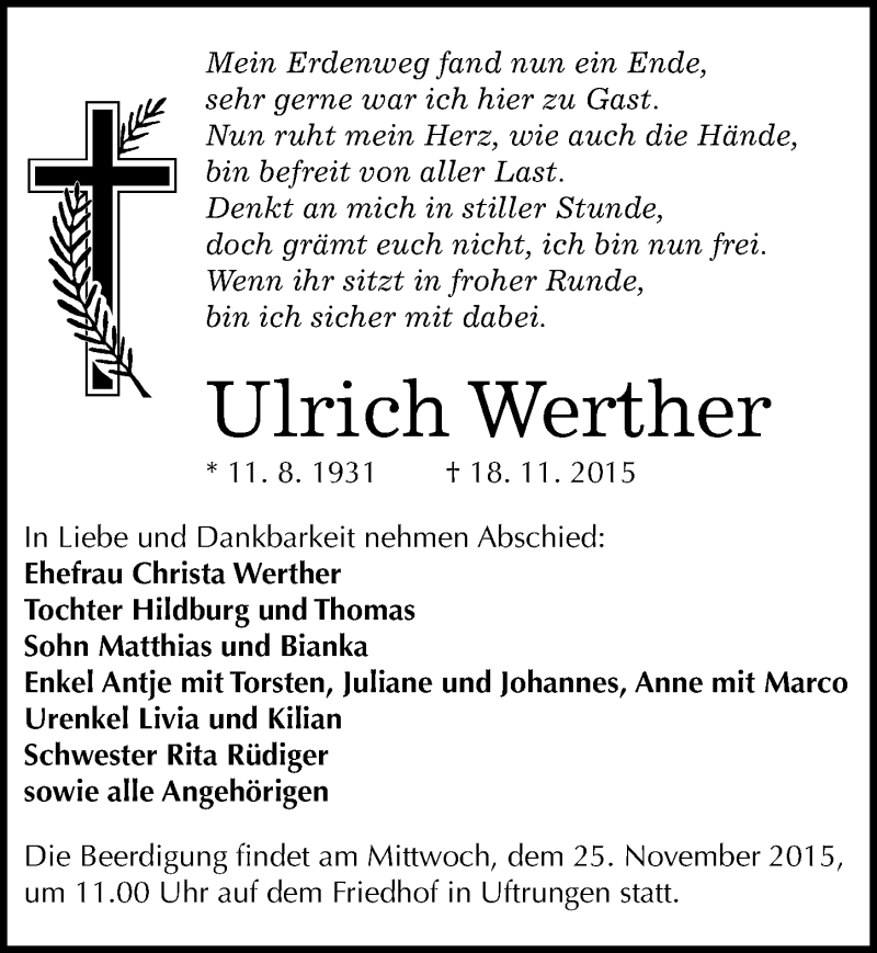  Traueranzeige für Ulrich Werther vom 21.11.2015 aus Mitteldeutsche Zeitung Sangerhausen
