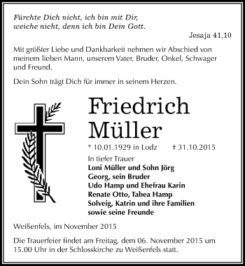 Traueranzeige von Friedrich Müller von Mitteldeutsche Zeitung Weißenfels