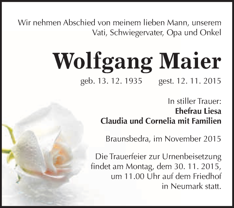  Traueranzeige für Wolfgang Maier vom 21.11.2015 aus WVG - Wochenspiegel Merseburg