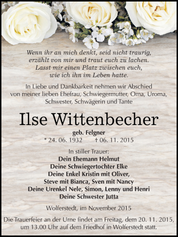 Traueranzeige von Ilse Wittenbecher von Super Sonntag SGH Mansf. Land