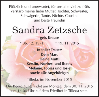 Traueranzeige von Sandra Zetzsche von Mitteldeutsche Zeitung Sangerhausen