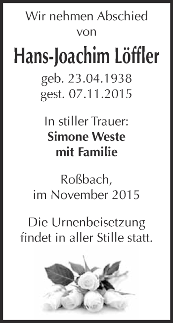 Traueranzeige von Hans-Joachim Löffler von WVG - Wochenspiegel Merseburg
