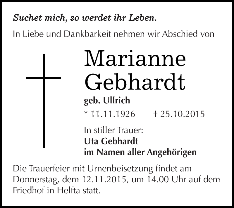 Traueranzeige für Marianne Gebhardt vom 04.11.2015 aus Wochenspiegel Mansfelder Land