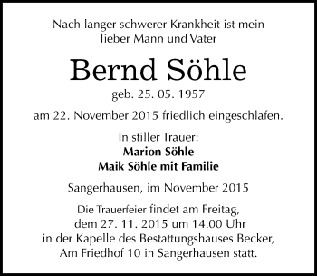 Traueranzeige von Bernd Söhle von Mitteldeutsche Zeitung Sangerhausen