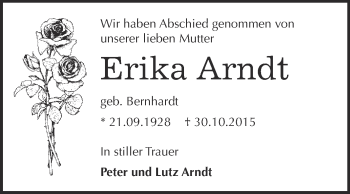 Traueranzeige von Erika Arndt von Super Sonntag SGH Mansf. Land
