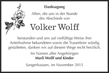 Traueranzeige von Volker Wolff von Super Sonntag SGH Mansf. Land