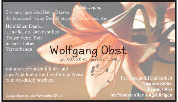 Traueranzeige von Wolfgang Obst von Mitteldeutsche Zeitung Sangerhausen