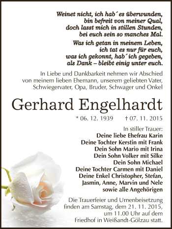 Traueranzeige von Gerhard Engelhardt von WVG - Wochenspiegel Dessau / Köthen