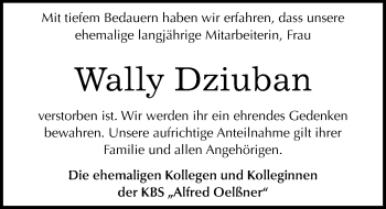 Traueranzeige von Wally Dziuban von Mitteldeutsche Zeitung Weißenfels