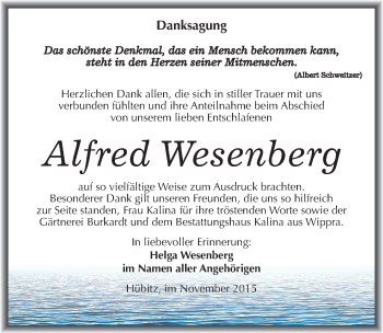 Traueranzeige von Alfred Wesenberg von Mitteldeutsche Zeitung Mansfelder Land