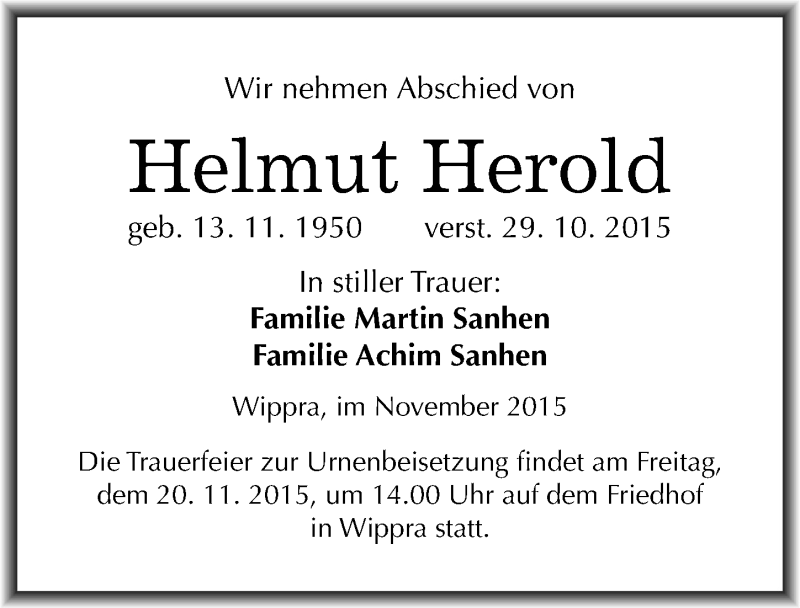  Traueranzeige für Helmut Herold vom 18.11.2015 aus Mitteldeutsche Zeitung Sangerhausen