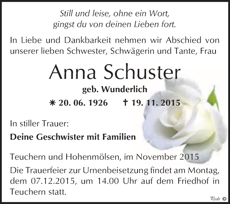  Traueranzeige für Anna Schuster vom 25.11.2015 aus WVG - Wochenspiegel NMB / WSF / ZTZ