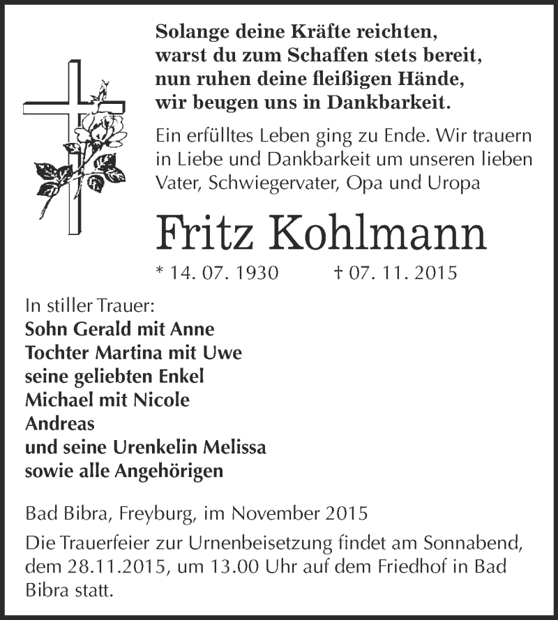  Traueranzeige für Fritz Kohlmann vom 18.11.2015 aus WVG - Wochenspiegel NMB / WSF / ZTZ