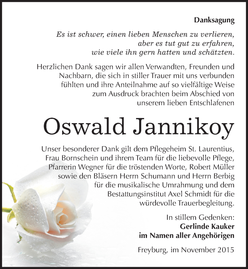  Traueranzeige für Oswald Jannikoy vom 14.11.2015 aus Mitteldeutsche Zeitung Naumburg/Nebra
