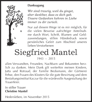 Traueranzeige von Siegfried Mantel von WVG - Wochenspiegel Quedlinburg