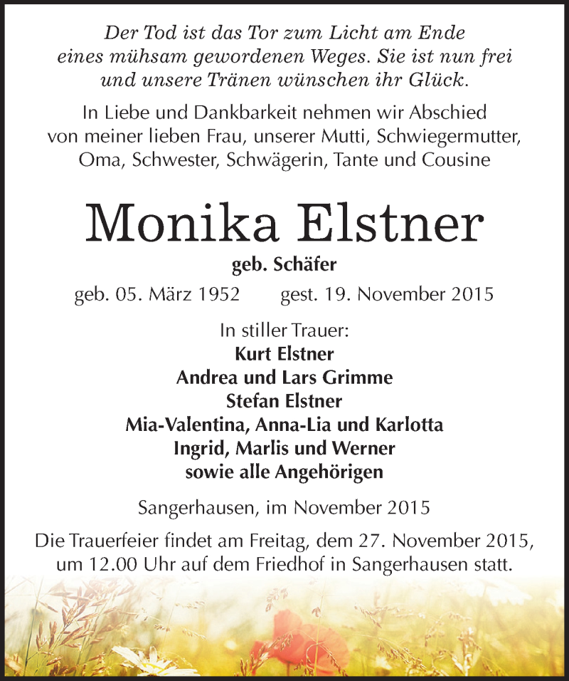  Traueranzeige für Monika Elstner vom 25.11.2015 aus Mitteldeutsche Zeitung Sangerhausen