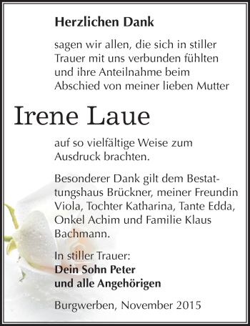 Traueranzeige von Irene Laue von Mitteldeutsche Zeitung Weißenfels