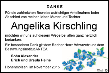 Traueranzeige von Angelika Kirschling von WVG - Wochenspiegel NMB / WSF / ZTZ