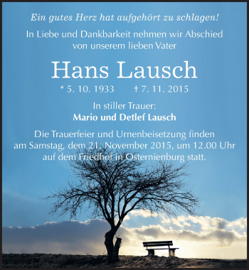 Traueranzeige von Hans Lausch von Mitteldeutsche Zeitung Köthen