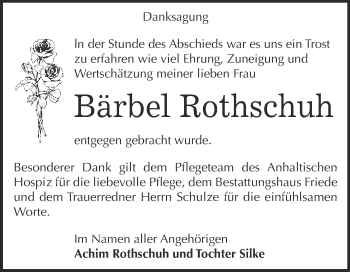 Traueranzeige von Bärbel Rothschuh von WVG - Wochenspiegel Dessau / Köthen