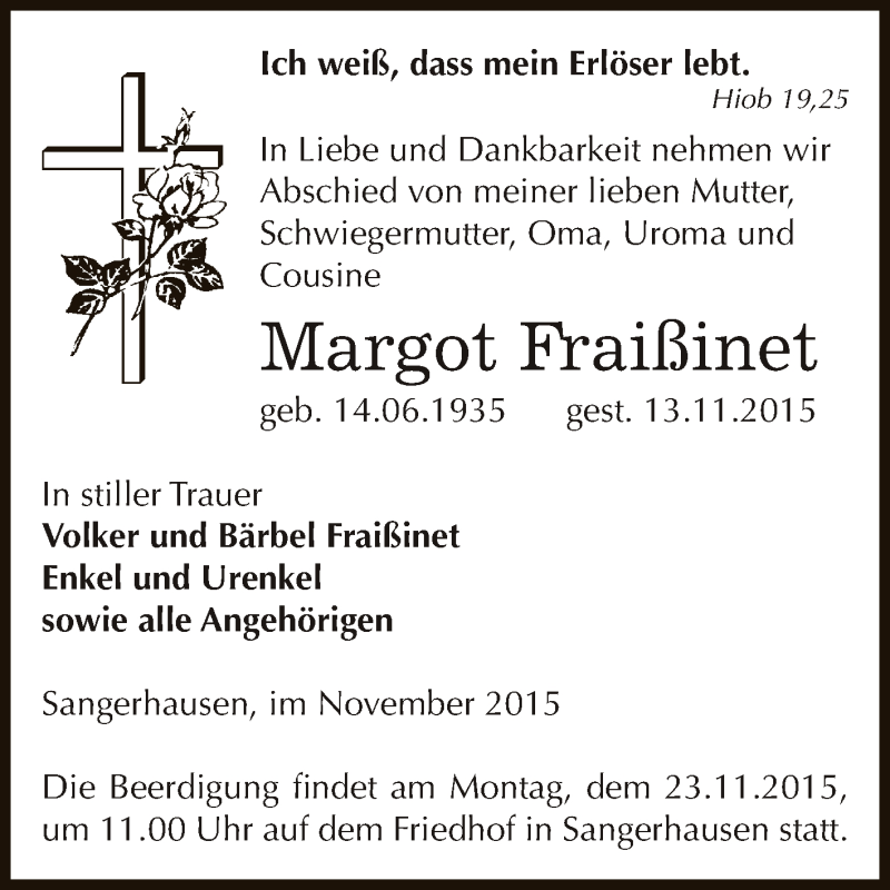  Traueranzeige für Margot Fraißinet vom 21.11.2015 aus Super Sonntag SGH Mansf. Land