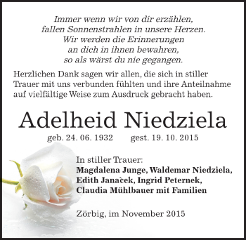 Traueranzeige von Adelheid Niedziela von Mitteldeutsche Zeitung Bitterfeld