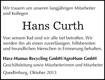 Traueranzeige von Hans Curth von Mitteldeutsche Zeitung Mansfelder Land