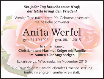 Traueranzeige von Anita Werfel von Mitteldeutsche Zeitung Naumburg/Nebra