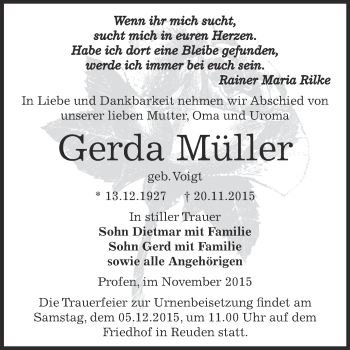 Traueranzeige von Gerda Müller von Super Sonntag Zeitz