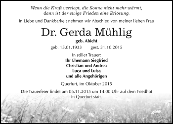 Traueranzeige von Gerda Mühlig von Mitteldeutsche Zeitung Merseburg/Querfurt