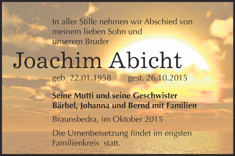  Traueranzeige für Joachim Abicht vom 14.11.2015 aus WVG - Wochenspiegel Merseburg