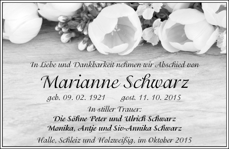  Traueranzeige für Marianne Schwarz vom 21.11.2015 aus Mitteldeutsche Zeitung Bitterfeld