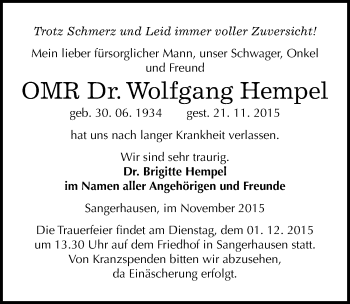 Traueranzeige von Wolfgang Hempel von Mitteldeutsche Zeitung Sangerhausen