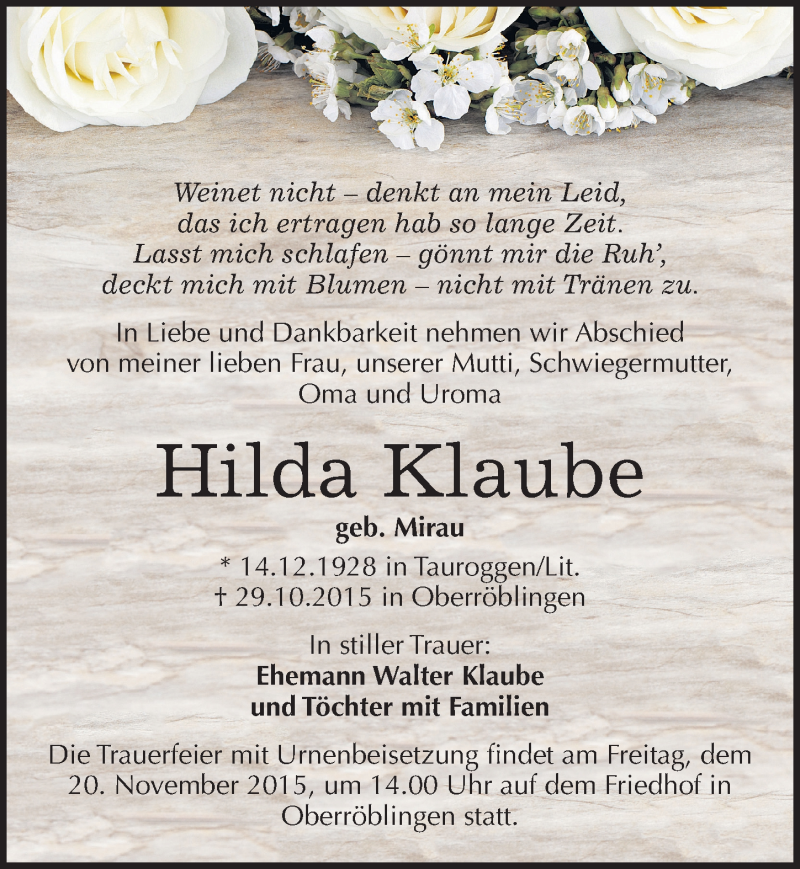  Traueranzeige für Hilda Klaube vom 04.11.2015 aus Mitteldeutsche Zeitung Sangerhausen