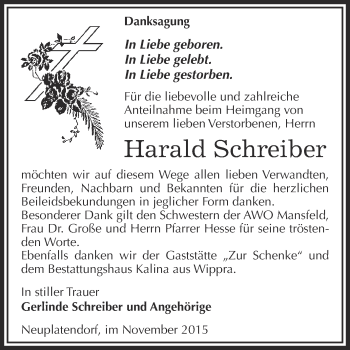 Traueranzeige von Harald Schreiber von Wochenspiegel Mansfelder Land