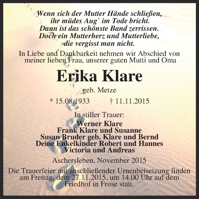  Traueranzeige für Erika Klare vom 14.11.2015 aus Super Sonntag Aschersleben