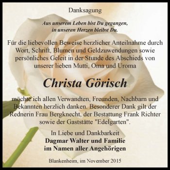Traueranzeige von Christa Görisch von Super Sonntag SGH Mansf. Land