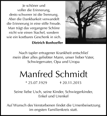 Traueranzeige von Manfred Schmidt von Mitteldeutsche Zeitung Dessau-Roßlau