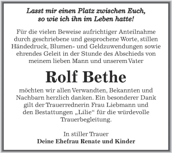 Traueranzeige von Rolf Bethe von WVG - Wochenspiegel Dessau / Köthen