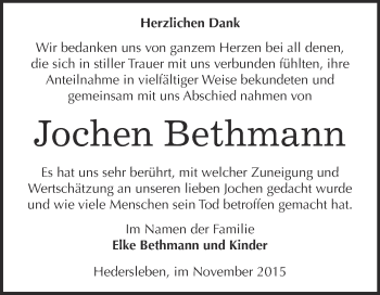 Traueranzeige von Jochen Bethmann von WVG - Wochenspiegel Quedlinburg