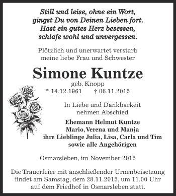 Traueranzeige von Simone Kuntze von Super Sonntag Bernburg