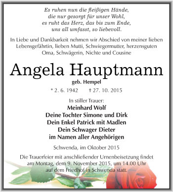 Traueranzeige von Angela Hauptmann von WVG - Wochenspiegel SGH