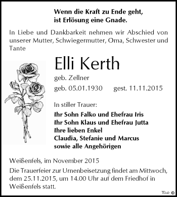 Traueranzeige von Elli Kerth von WVG - Wochenspiegel NMB / WSF / ZTZ