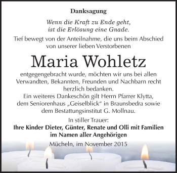 Traueranzeige von Maria Wohletz von Mitteldeutsche Zeitung Merseburg/Querfurt