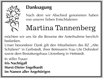 Traueranzeige von Martina Tannenberg von Mitteldeutsche Zeitung Mansfelder Land