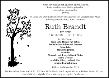 Traueranzeige von Ruth Brandt von Mitteldeutsche Zeitung Köthen