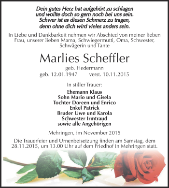 Traueranzeige von Marlies Scheffler von Super Sonntag Aschersleben