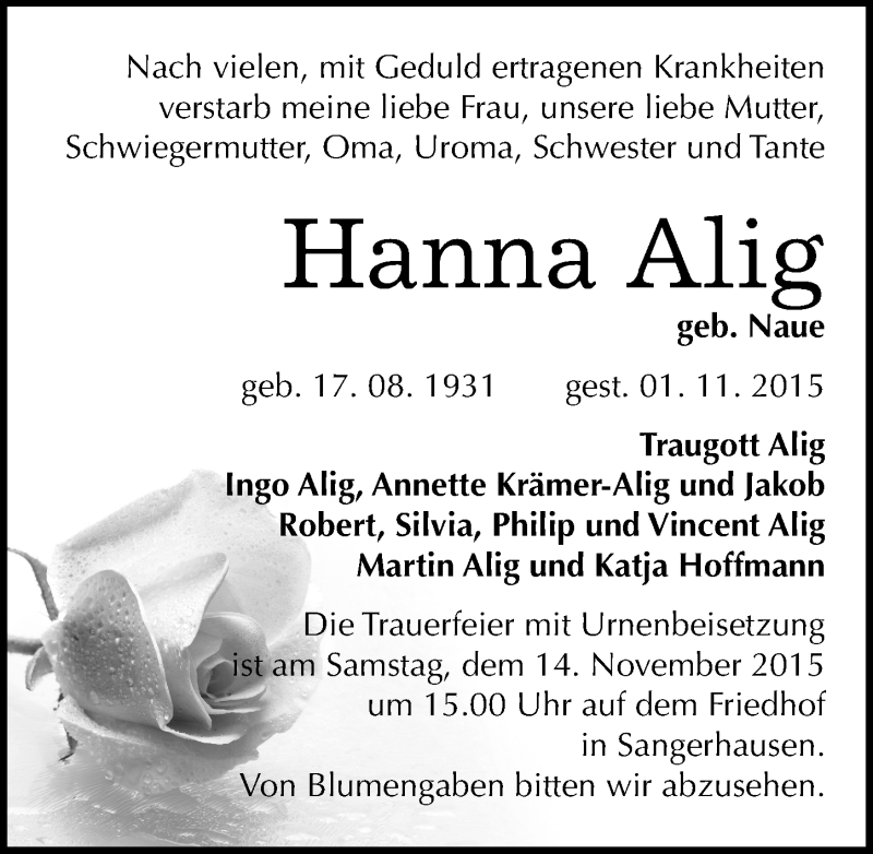  Traueranzeige für Hanna Alig vom 07.11.2015 aus Mitteldeutsche Zeitung Sangerhausen