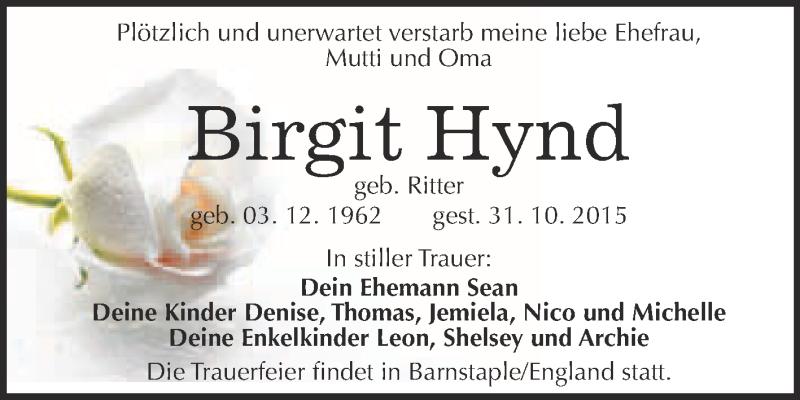  Traueranzeige für Birgit Hynd vom 18.11.2015 aus WVG - Wochenspiegel Bitterfeld